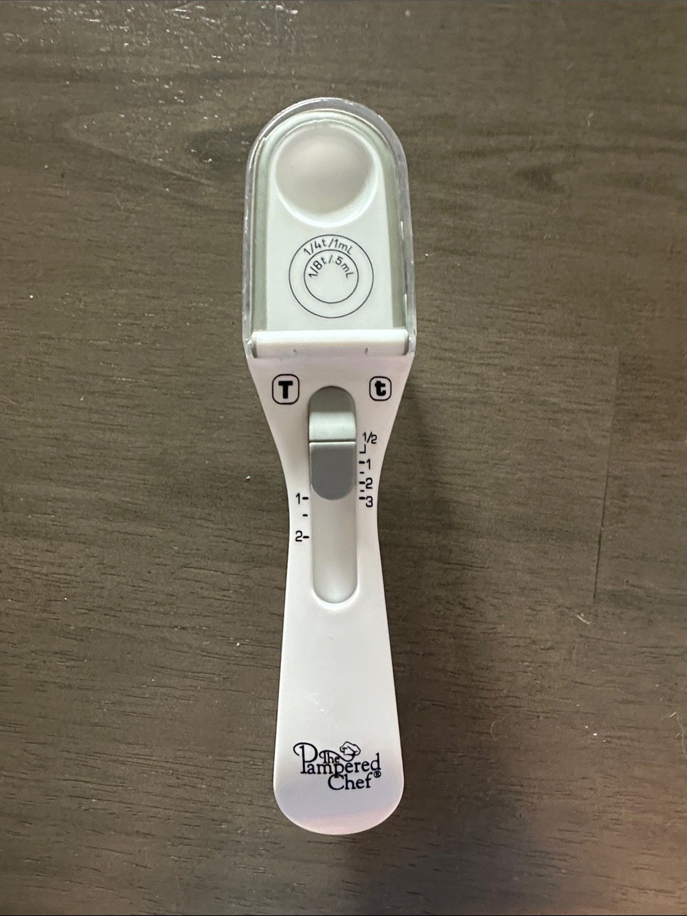 Pampered Chef White Adjustable Measuring Spoon- All-In-One measuring Spoon